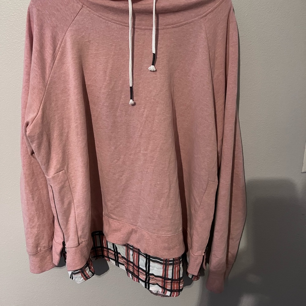 Pink sweatshirt with flannel under layer 1x